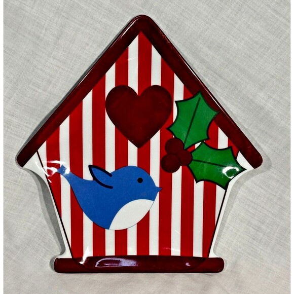 MELAMINE 8" Christmas Candy/Trinket Dish/Plate - Birdhouse Bluebird Holly Heart - Picture 1 of 6